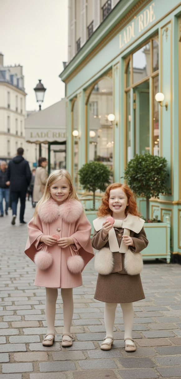 Two young girls in winter coats standing on a street in an urban setting.