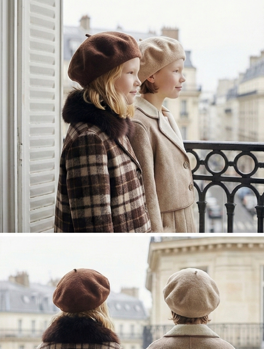 Collage of women in vintage clothing standing on a balcony with a cityscape background.