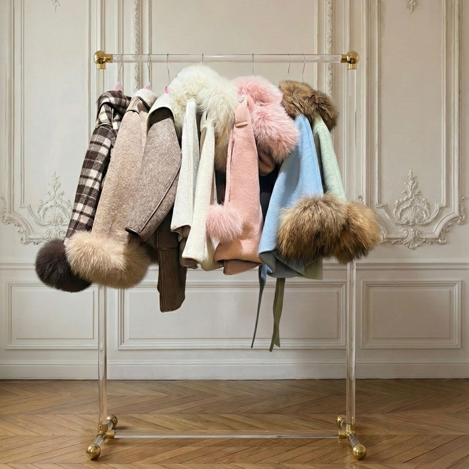 Collection of winter coats with fur hoods on a clear acrylic stand against an ornate wall.
