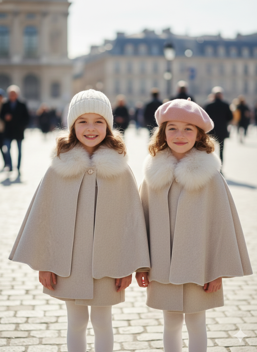 Two young girls in matching beige coats with fur trim and hats on a city street.
