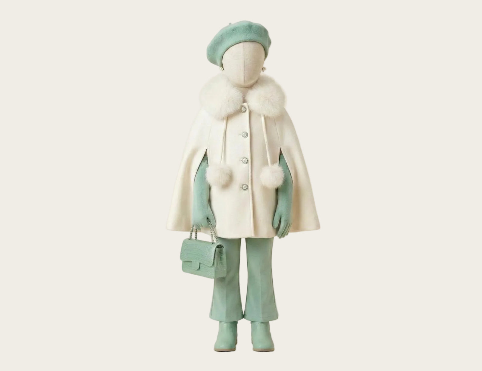Mannequin wearing a cream coat with fur trim, green beret, gloves, and shoes on a white background