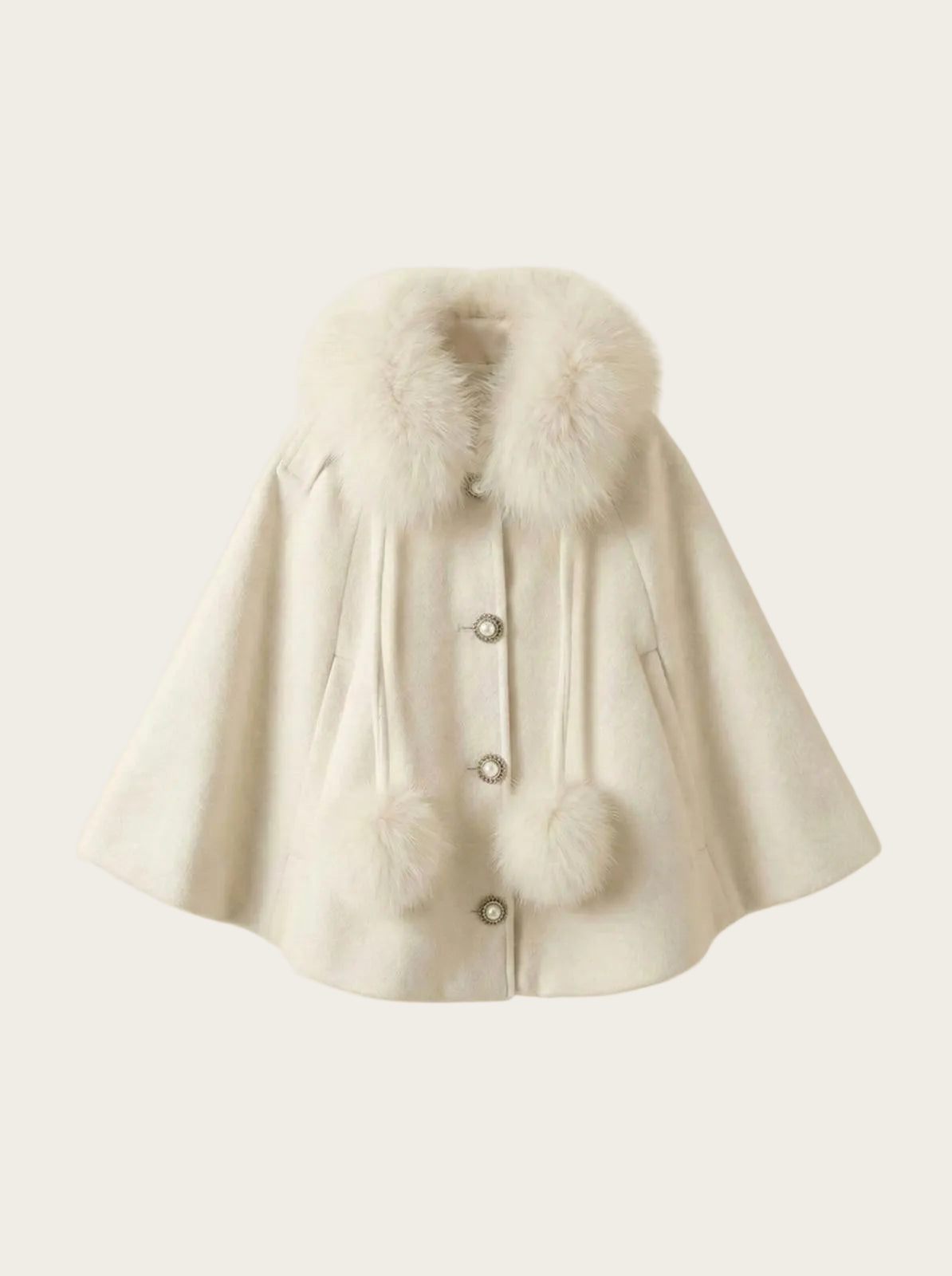 White fur coat with a fur collar on a light beige background