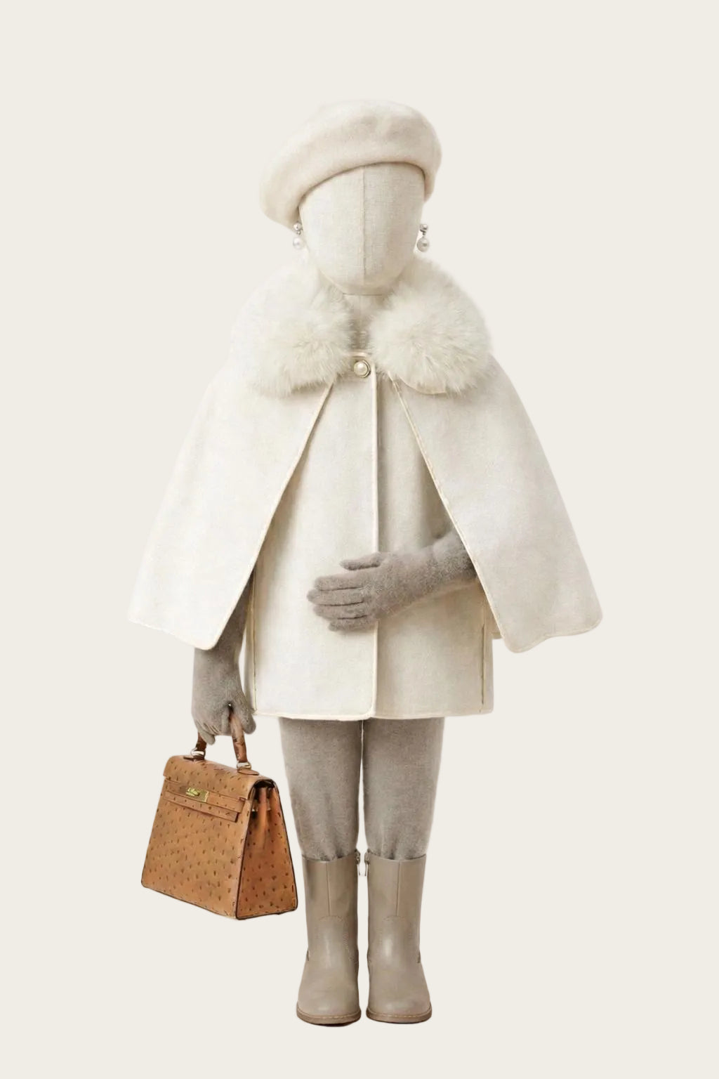 Mannequin wearing a white coat with fur trim, holding a brown handbag on a white background