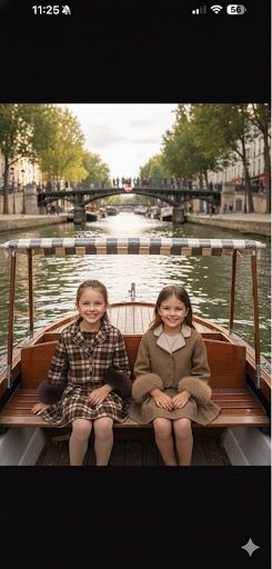 Two children on a boat in a canal with a bridge and trees in the background.