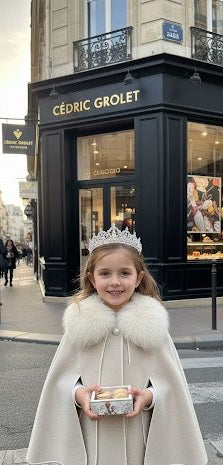 Young girl in a fur-lined coat standing in front of a store named Cédric Grolet.