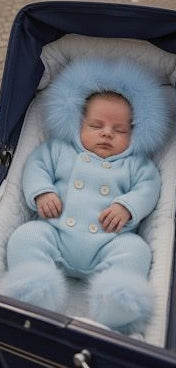 Baby in a blue snowsuit with a fur-lined hood in a stroller.