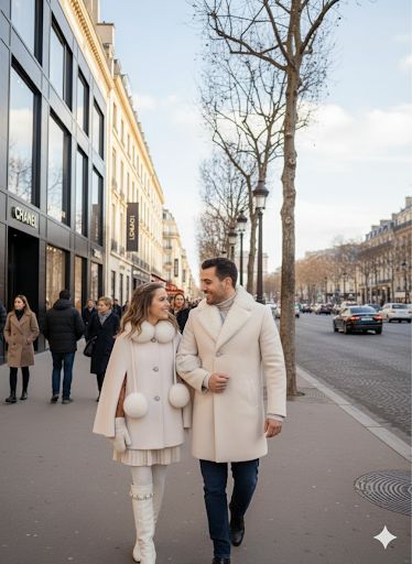 Couple walking together on a city street in winter attire.