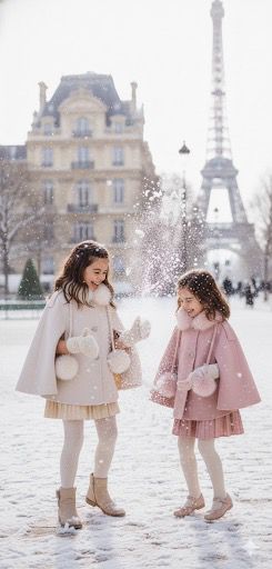 Two children playing in the snow with the Eiffel Tower in the background
